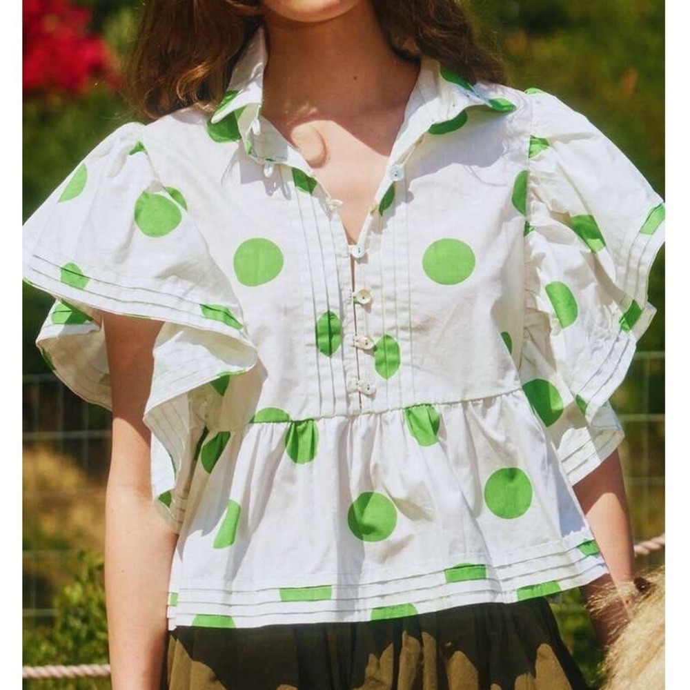 Bucket List Polka Dot Flutter Sleeve Peplum Blouse Green White IT2337 mm